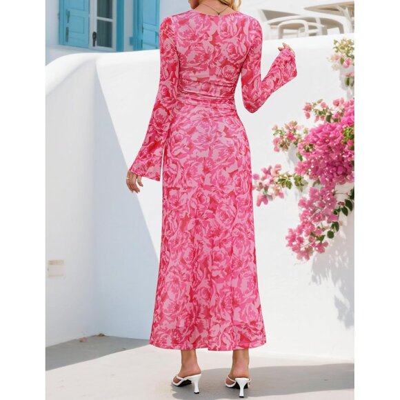 Zesica Women's Floral Rose Ruched Mesh Long Sleeve Floral Bodycon Dress - Picture 5 of 6